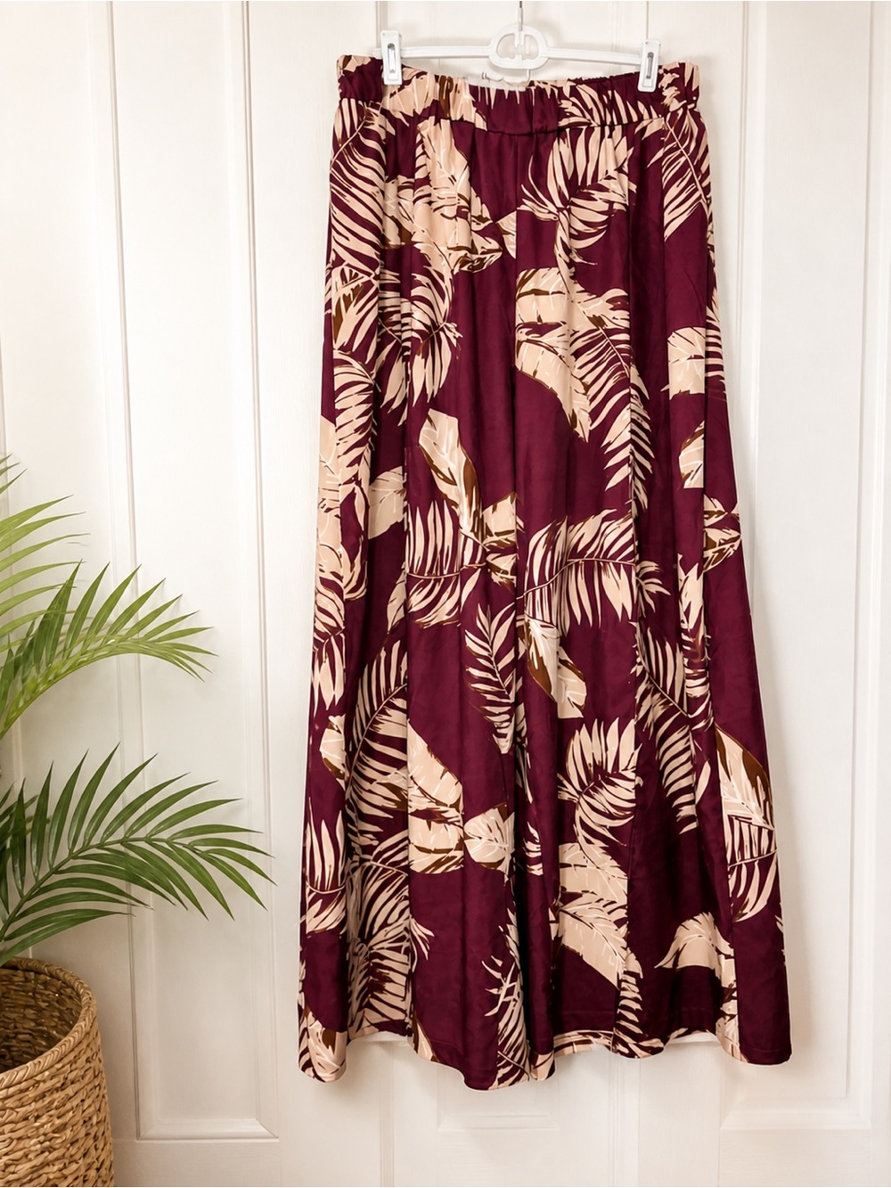 SHEIN Curve Tropical Wide Leg Pants Burgundy Cream Slit 1X Beach Resort